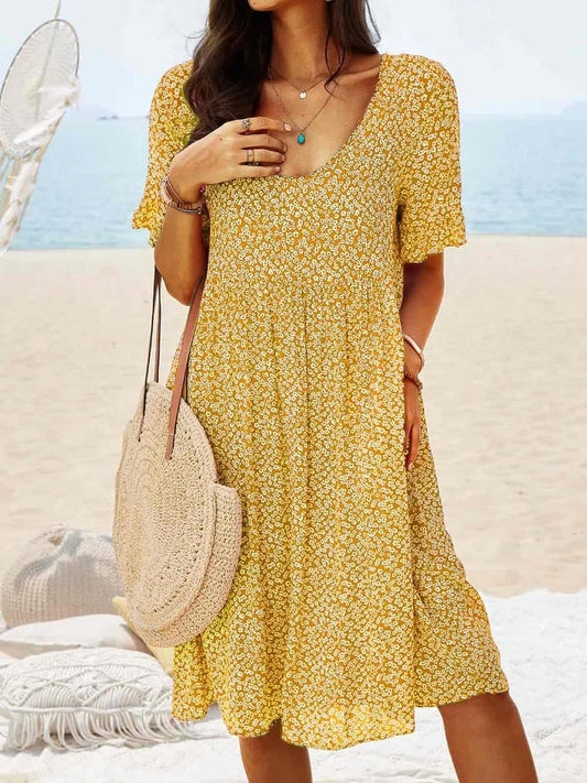 🔥Women Floral Printed Round Neck Loose Midi Dress