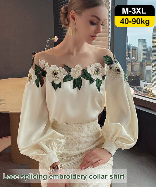 2024 Women's satin blouse with celebrity-style embroidery