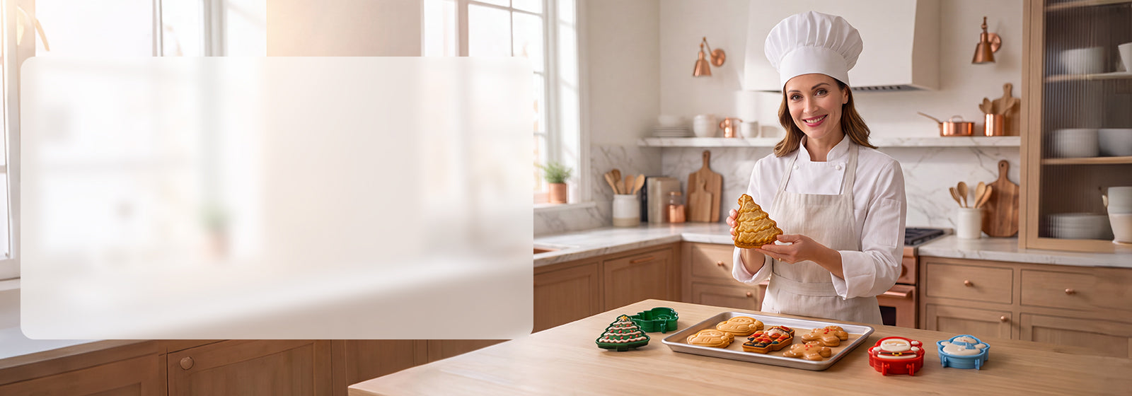 Pastry chef holding a Christmas mini pie in a warm kitchen