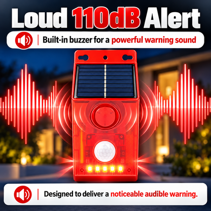 🎁Black Friday Sale - Limited time 49% OFF🏠Solar PIR Motion Sensor Alarm – 110dB Siren, Flashing LEDs & 4 Modes