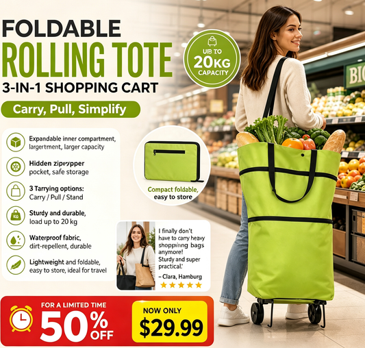 🛍️✨ Convertible shopping tote – hides wheels, holds 20kg, expands with zipper!
