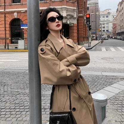 Women's Lapel Double Breasted Long Trench Coat with Belt