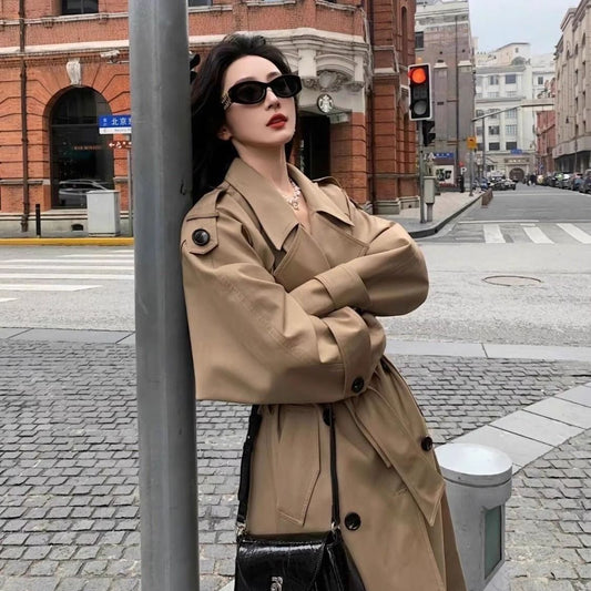 Women's Lapel Double Breasted Long Trench Coat with Belt