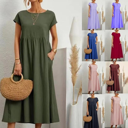 Solid Color Sleeveless Loose Cotton and Linen Pocket Dress