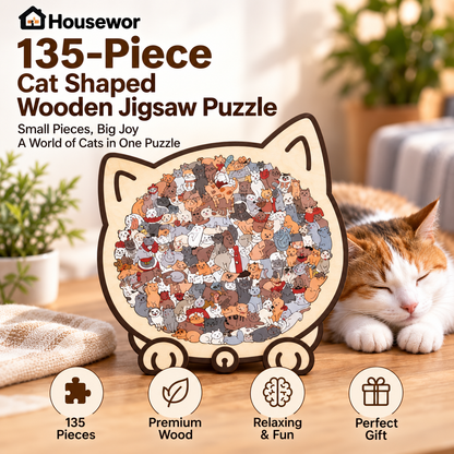 🎁🧩135-Piece Morandi-Colored Cat Shaped Wooden Jigsaw Puzzle