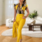 Women's 2-piece set: elegant printed top and solid-colored pants with belt