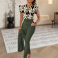 Women's 2-piece set: elegant printed top and solid-colored pants with belt