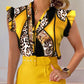 Women's 2-piece set: elegant printed top and solid-colored pants with belt