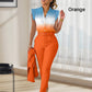 Women's 2-piece set: elegant printed top and solid-colored pants with belt