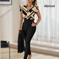 Women's 2-piece set: elegant printed top and solid-colored pants with belt