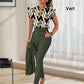Women's 2-piece set: elegant printed top and solid-colored pants with belt
