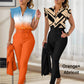 Women's 2-piece set: elegant printed top and solid-colored pants with belt