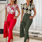 Women's 2-piece set: elegant printed top and solid-colored pants with belt