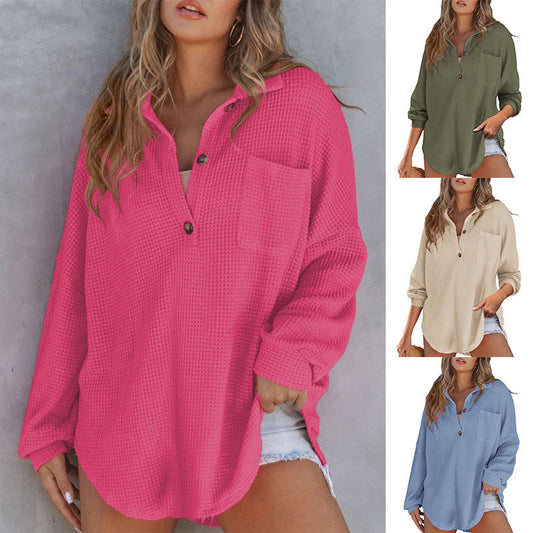 🌸Early Fall Specials 58% OFF🌸Women’s Loose Solid Color Waffle Knit Shirt