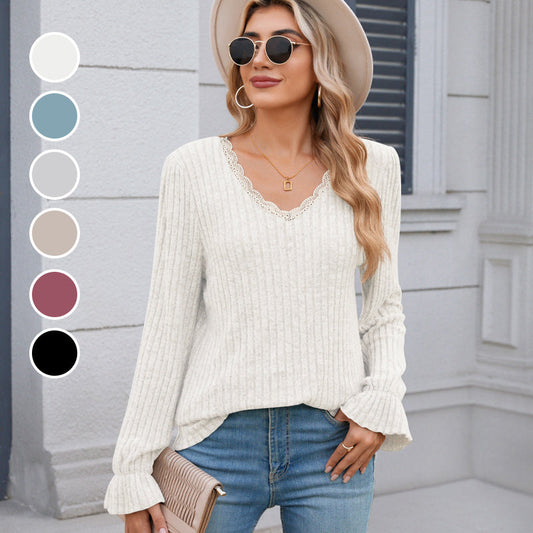 Women's Pullover Knit Sweater with Lace V-neck