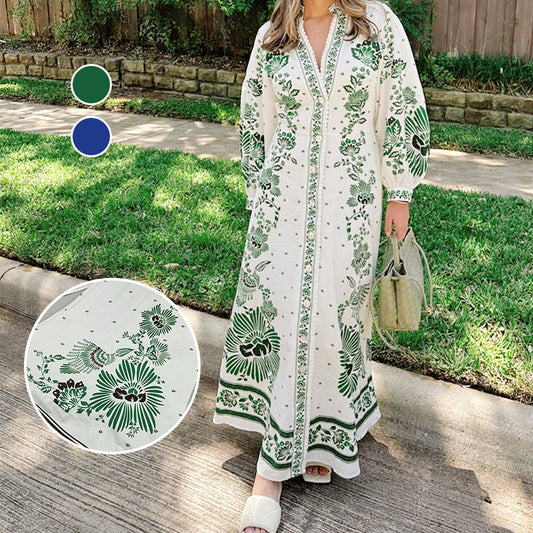 🔥2025 NEW SALES - 50% OFF🔥Printed Long Skirt Lantern Sleeve V-Neck Dress Casual Lace Beach Vacation Long Skirt