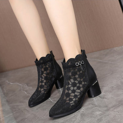 Women's Sparkly Mesh Ankle Boots with Chunky Heel