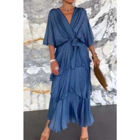 💃Elegant V-Neck Wrap Waist Tie Layered Dress