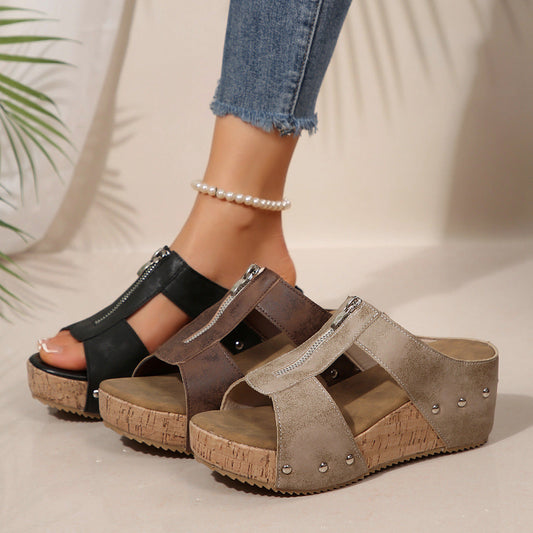 ⏰Limited Sale-50% Off!💟Women's Fashion Rivet Wedge Fish Mouth Thick Bottom Sandals