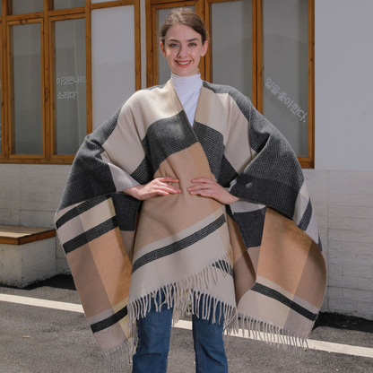 Women’s Plaid Tassel Open-Front Poncho Sweater