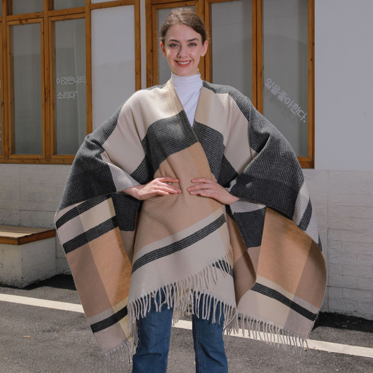 Women’s Plaid Tassel Open-Front Poncho Sweater