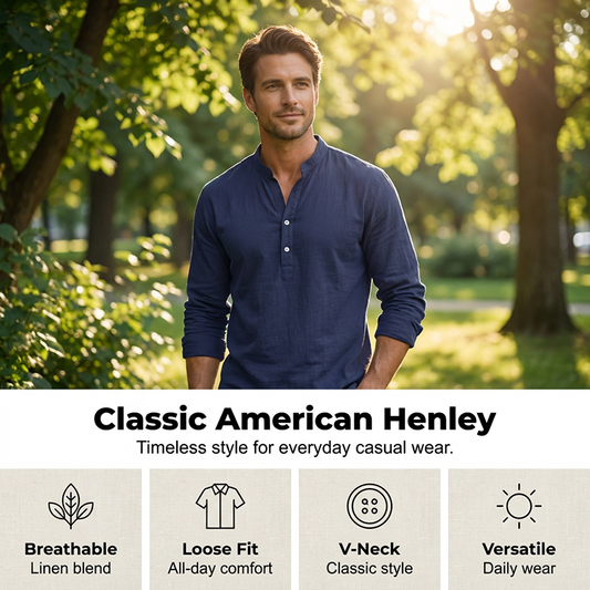 Men's Casual Linen Blend Henley – Breathable, Wrinkle-Free & Effortlessly Cool ✨
