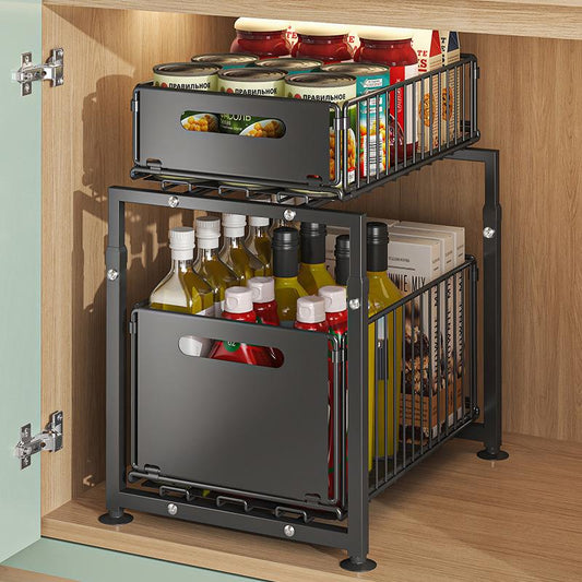⏳Time-Limited Special⏰Double-Tier Pull-Out Shelf Cabinet Organiser – 5 Height Adjustments, 2 Pull-Out Tiers, Carbon Steel & Large Capacity – No Assembly Required ✨