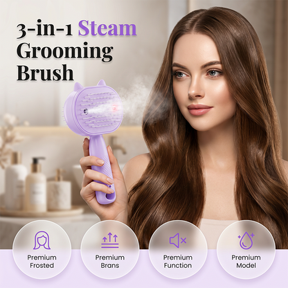 💜50% OFF NOW! 3‑in‑1 Electric Steam Grooming Hair Brush‑ Steam Spray Detangling Hairbrush, Anti‑Static Self‑Cleaning Scalp Massager Comb for Dry & Frizzy Hair
