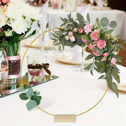 Gold Metal Floral Hoop Centerpiece with Wooden Stand