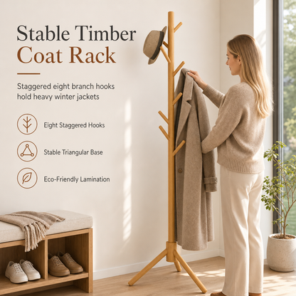 Freestanding Solid Wood Coat Rack 173cm Tall Triangle Base Floor Standing Clothes and Bag Hanger for Bedroom